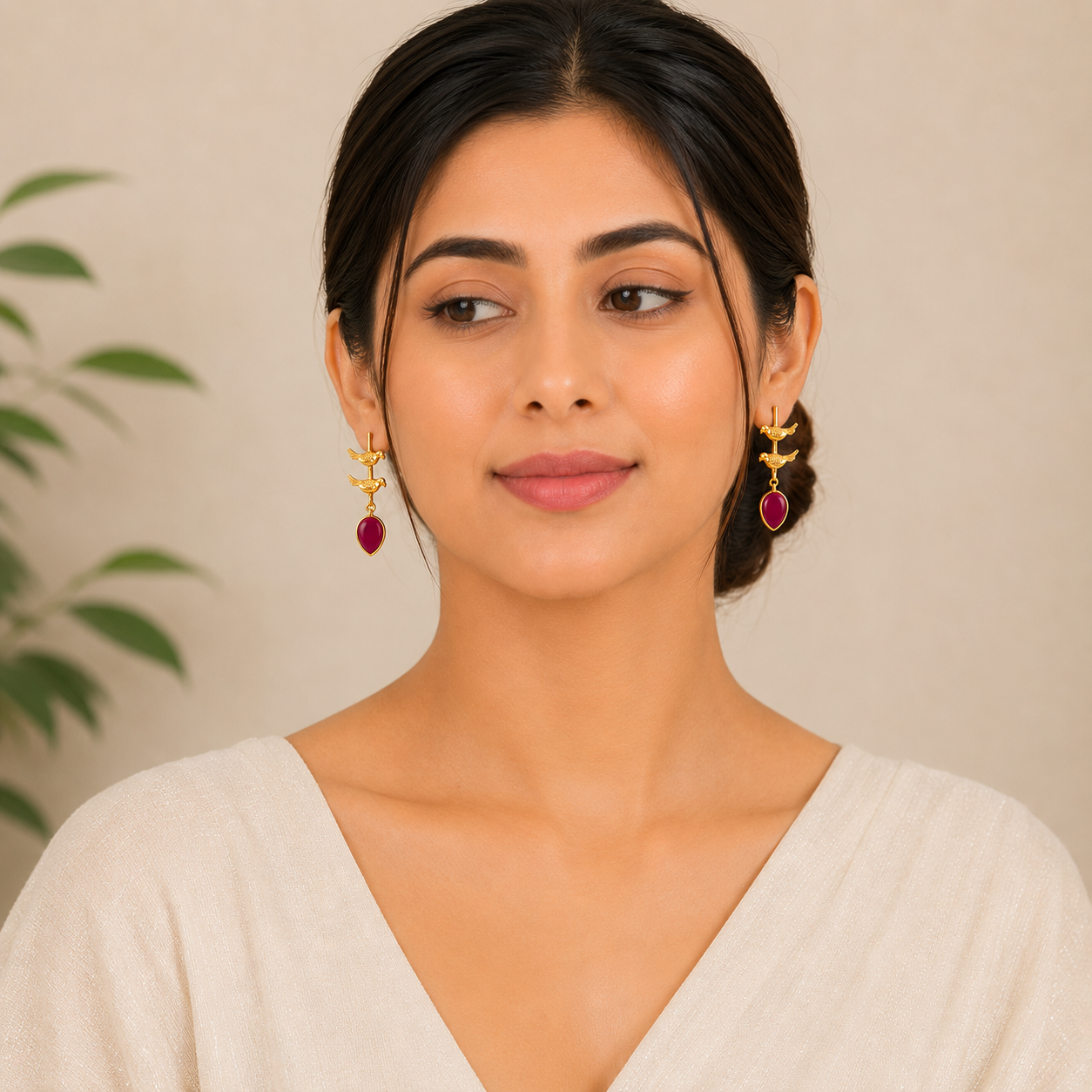 Elegant Gold Bird Dangle Earrings with rani pink Enamel Teardrops | Artisan Jewelry