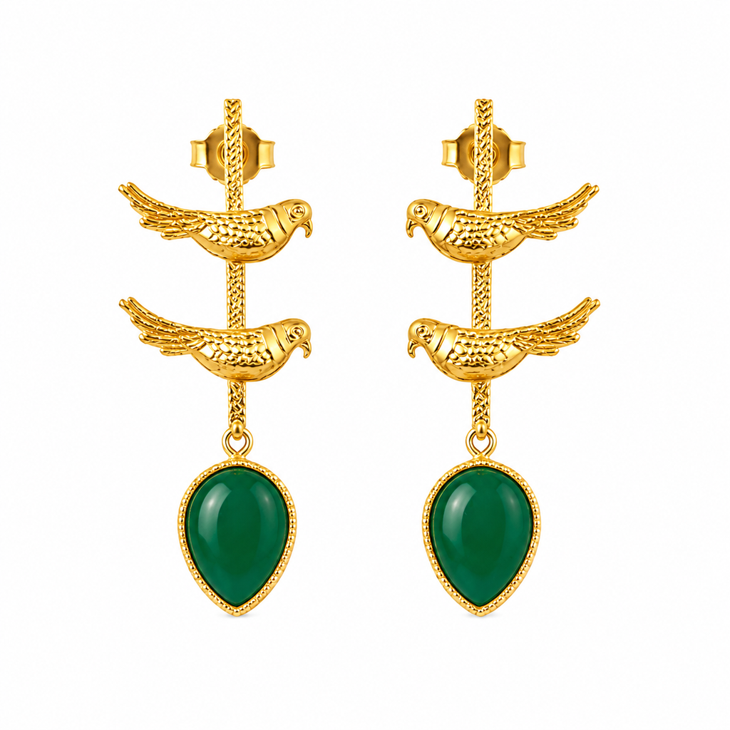 Elegant Gold Bird Dangle Earrings with Green Enamel Teardrops | Artisan Jewelry