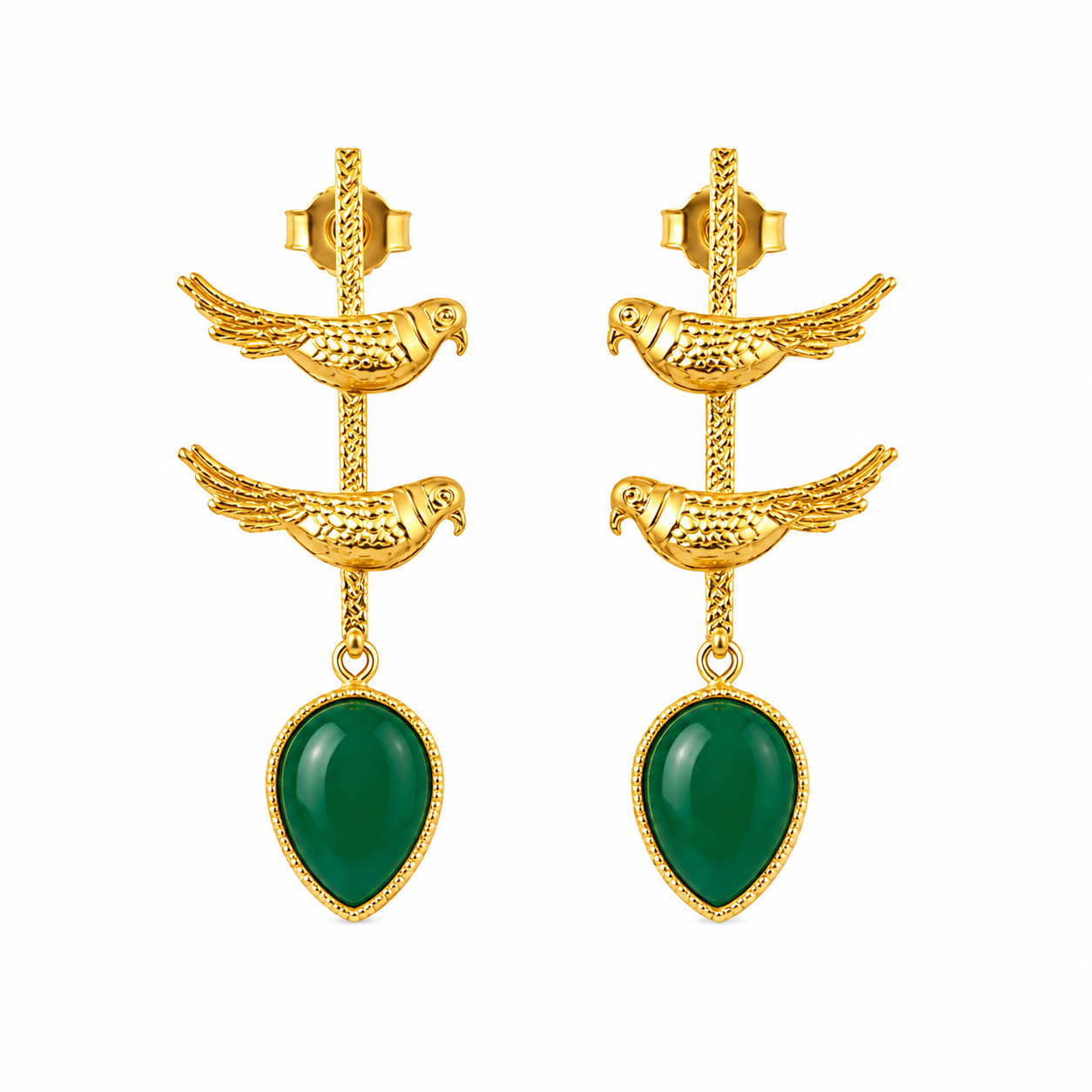 Elegant Gold Bird Dangle Earrings with Green Enamel Teardrops | Artisan Jewelry