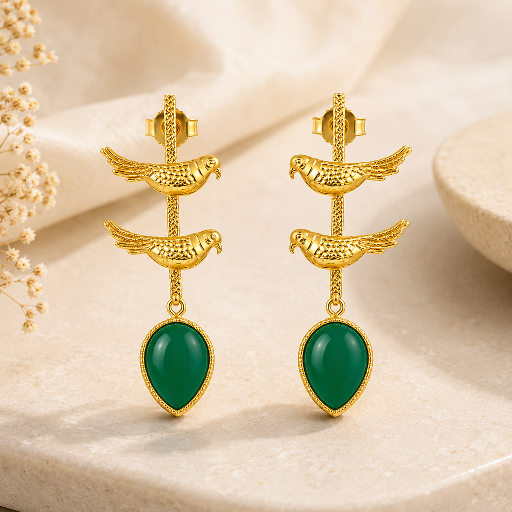 Elegant Gold Bird Dangle Earrings with Green Enamel Teardrops | Artisan Jewelry