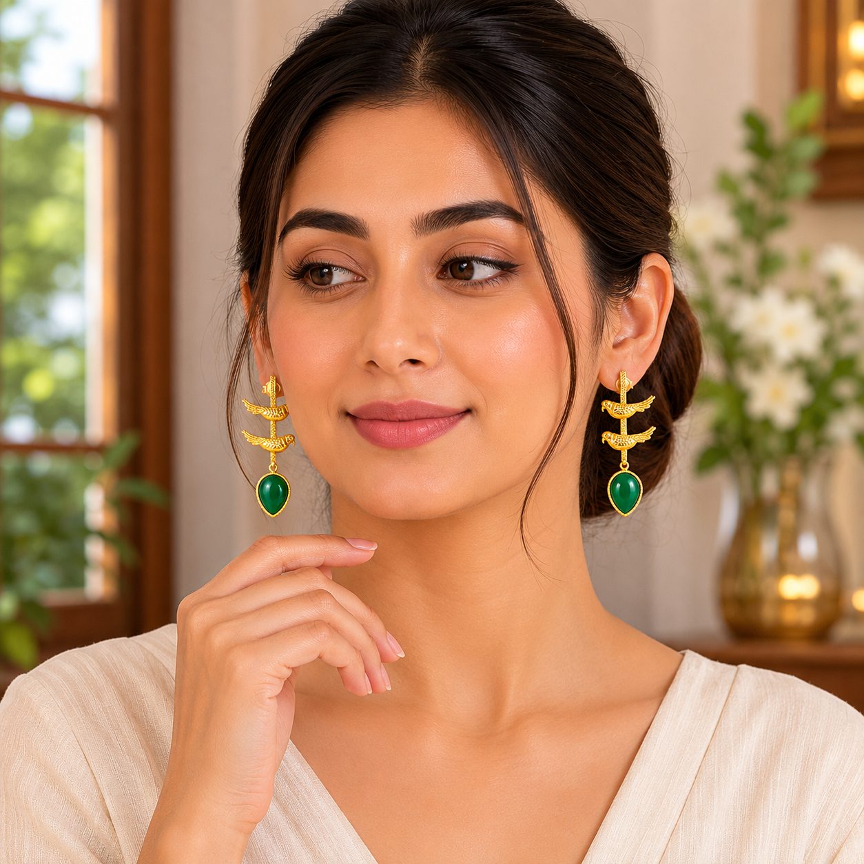 Elegant Gold Bird Dangle Earrings with Green Enamel Teardrops | Artisan Jewelry