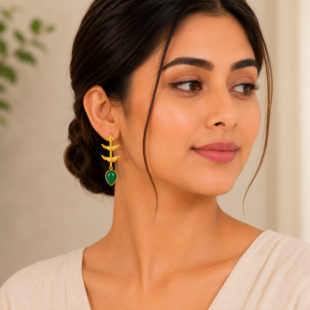 Elegant Gold Bird Dangle Earrings with Green Enamel Teardrops | Artisan Jewelry