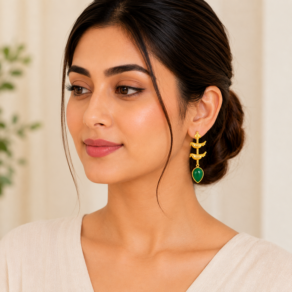 Elegant Gold Bird Dangle Earrings with Green Enamel Teardrops | Artisan Jewelry