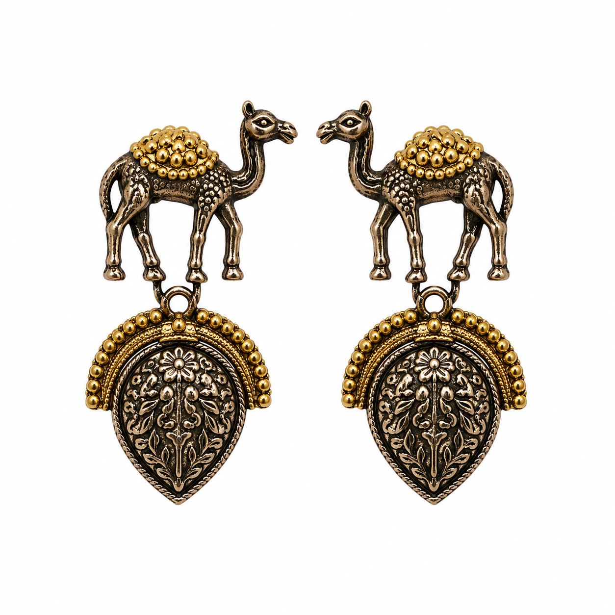 Arabic Camel Oxidized Silver Dangle Earrings – Dual-Tone Ethnic Design