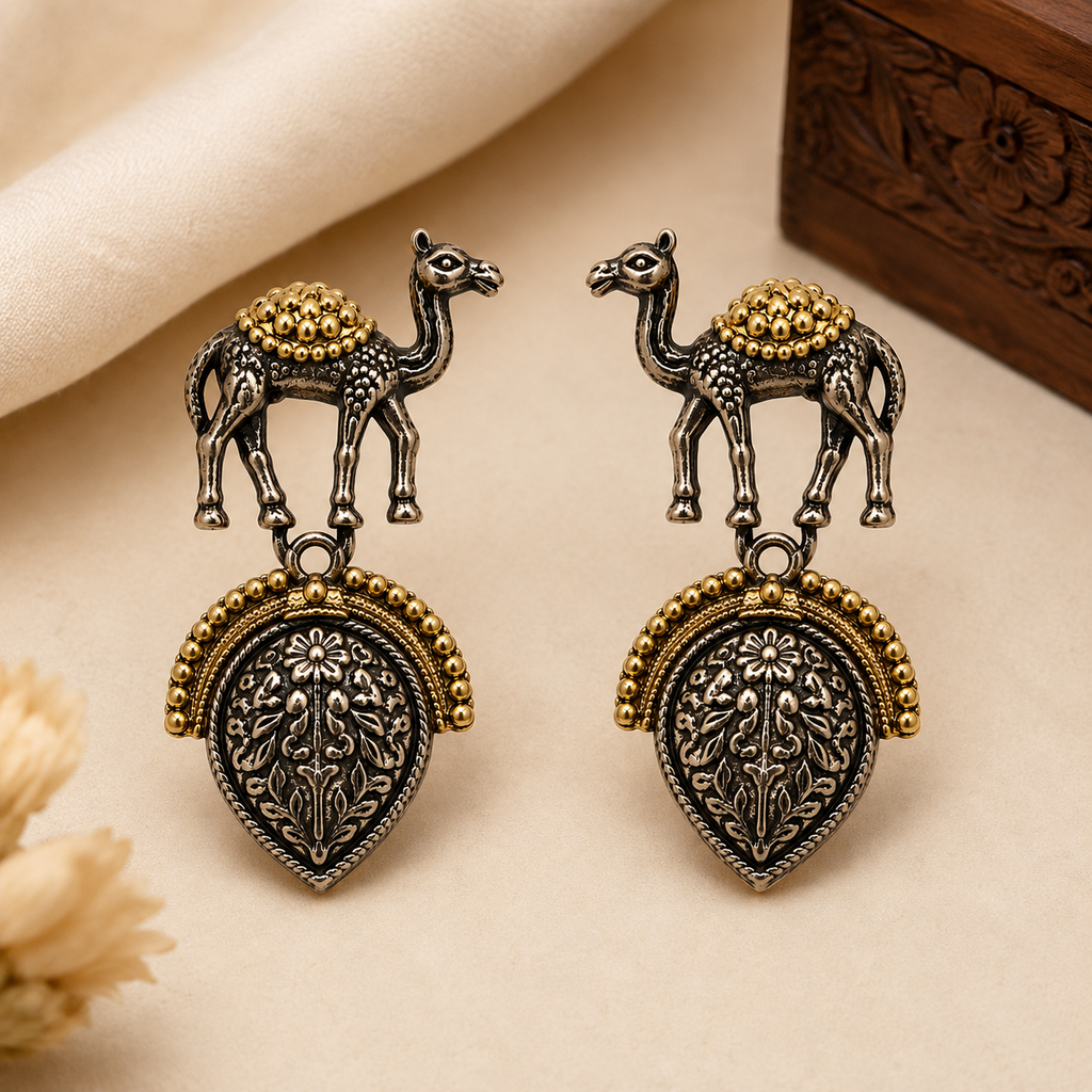 Arabic Camel Oxidized Silver Dangle Earrings – Dual-Tone Ethnic Design