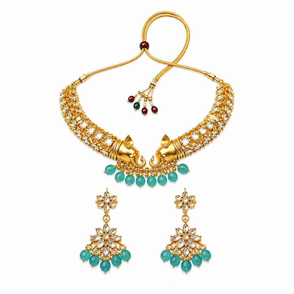 Elegant Elephant Motif Gold-Plated Necklace & Earring Set | Ethnic Statement Jewelry
