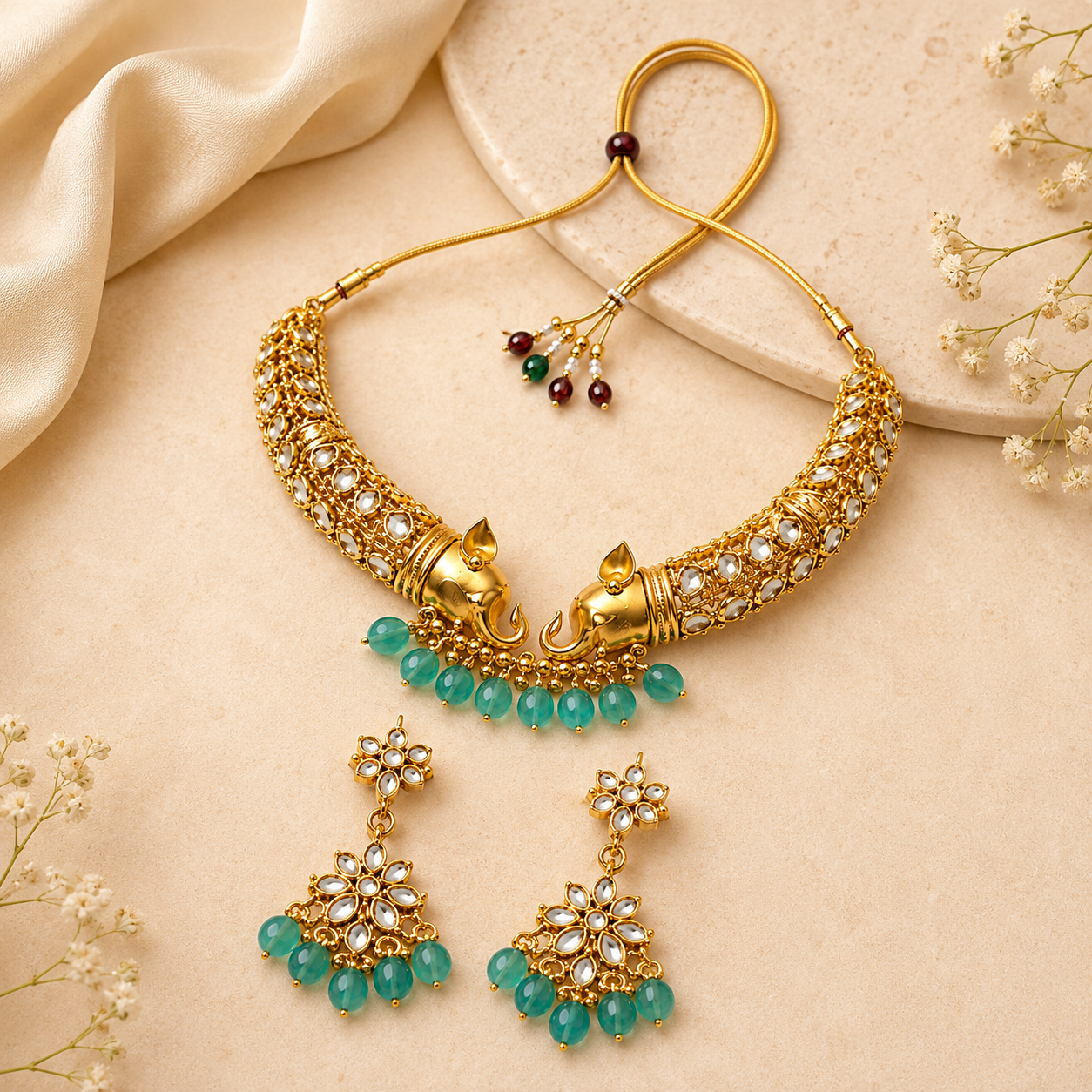 Elegant Elephant Motif Gold-Plated Necklace & Earring Set | Ethnic Statement Jewelry