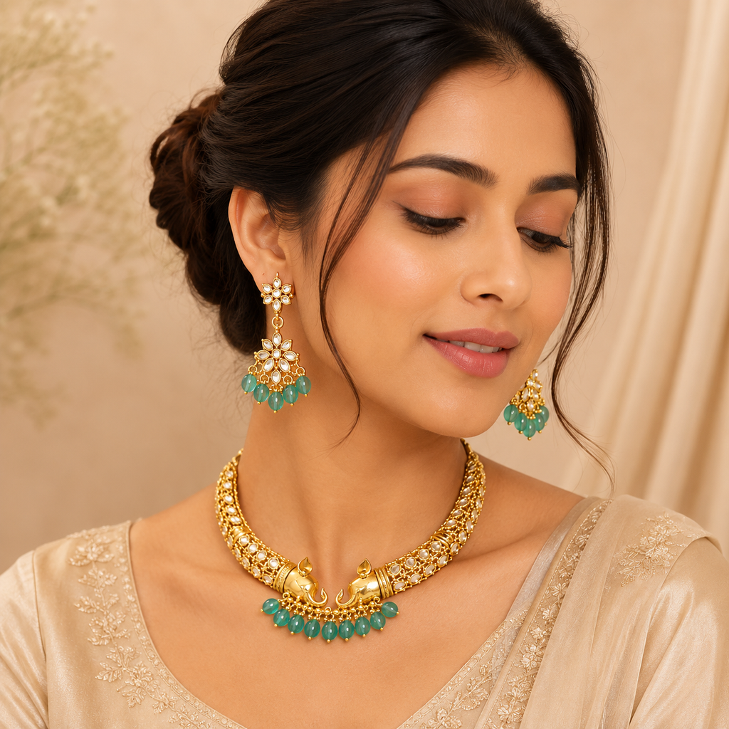Elegant Elephant Motif Gold-Plated Necklace & Earring Set | Ethnic Statement Jewelry