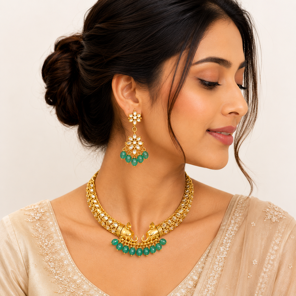 Elegant Elephant Motif Gold-Plated Necklace & Earring Set | Ethnic Statement Jewelry