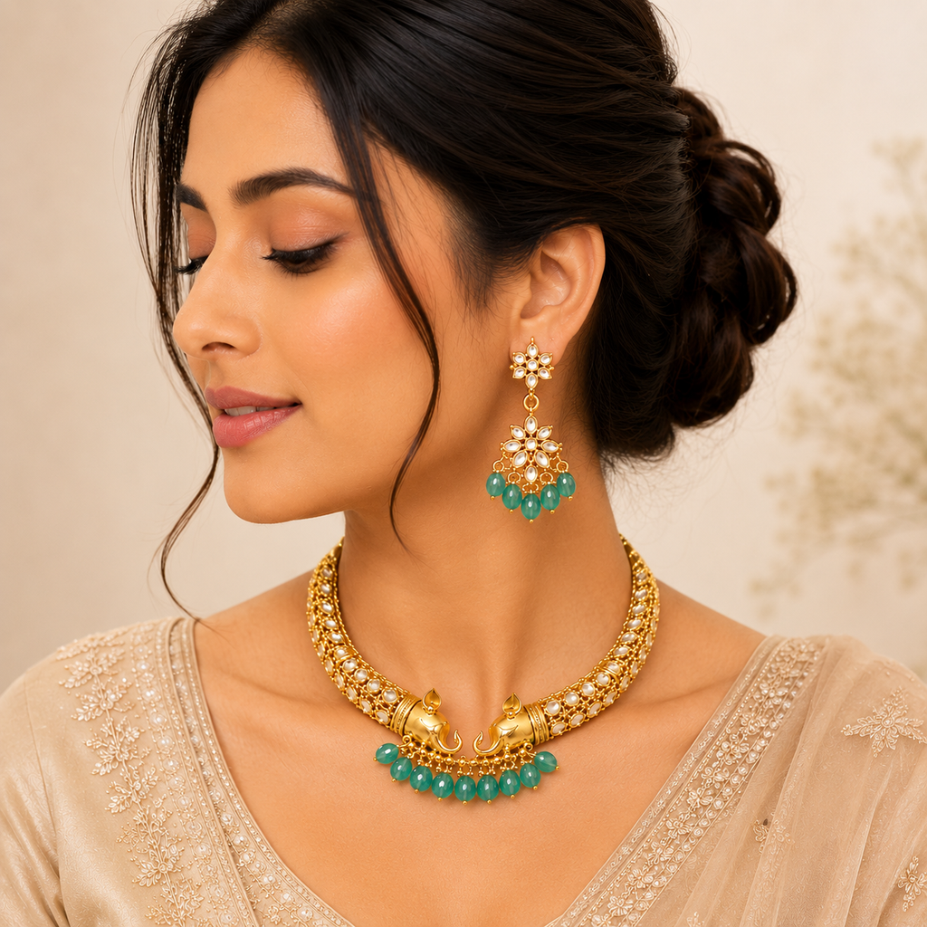 Elegant Elephant Motif Gold-Plated Necklace & Earring Set | Ethnic Statement Jewelry