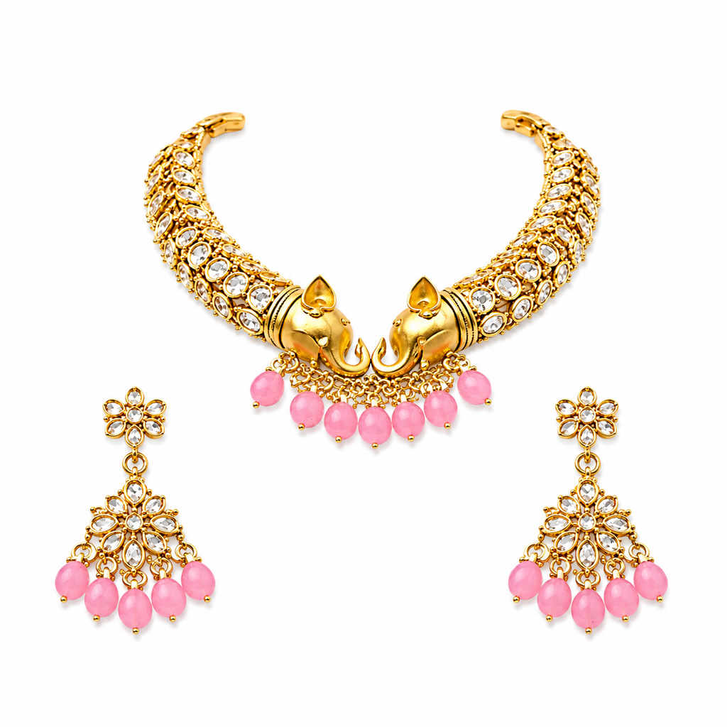 Elegant Elephant Motif Gold-Plated Necklace & Earring Set with Pink Beads | Ethnic Jewelry