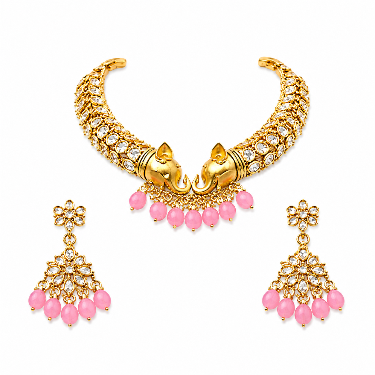Elegant Elephant Motif Gold-Plated Necklace & Earring Set with Pink Beads | Ethnic Jewelry