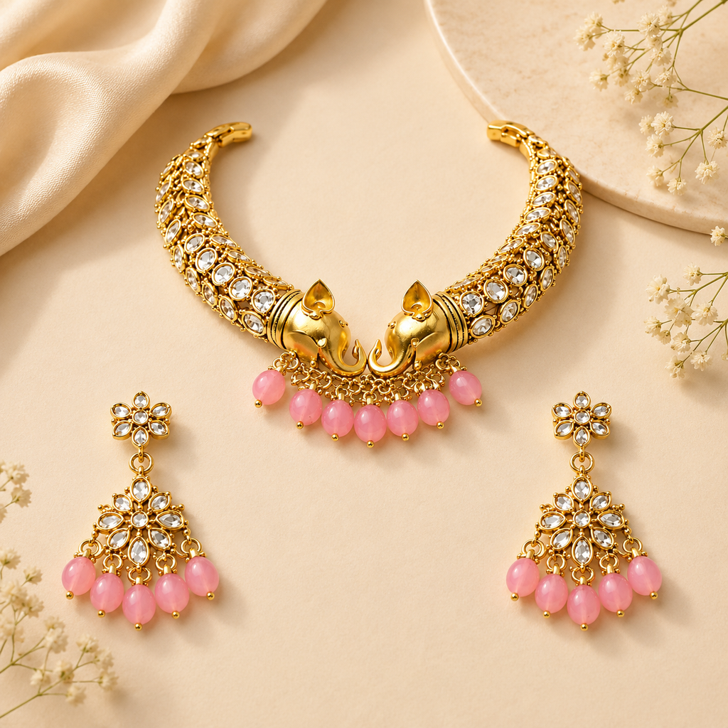Elegant Elephant Motif Gold-Plated Necklace & Earring Set with Pink Beads | Ethnic Jewelry