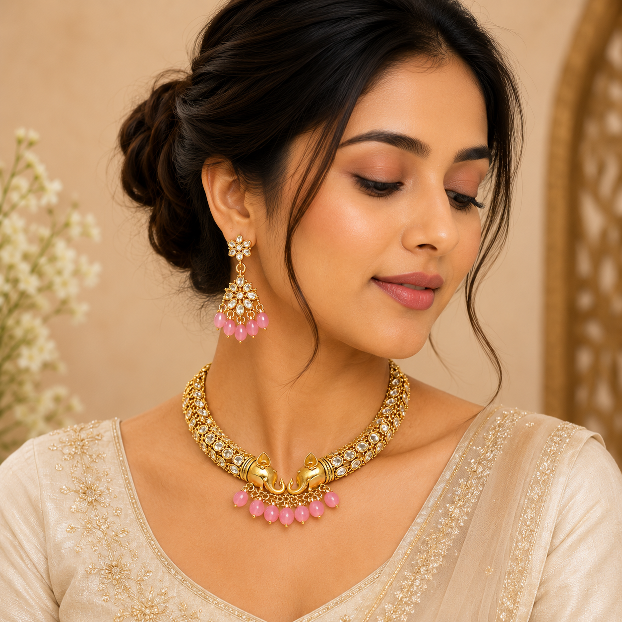 Elegant Elephant Motif Gold-Plated Necklace & Earring Set with Pink Beads | Ethnic Jewelry