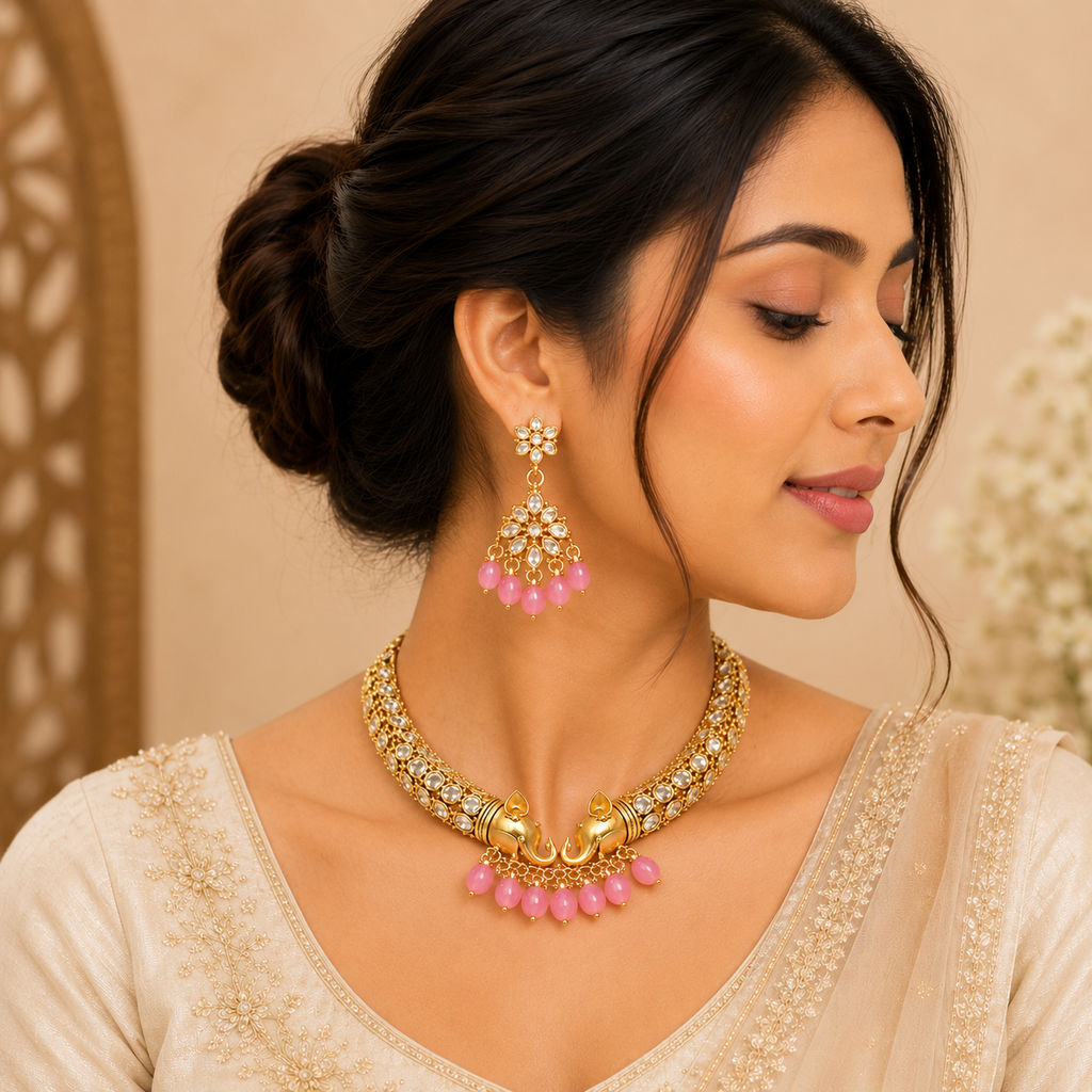 Elegant Elephant Motif Gold-Plated Necklace & Earring Set with Pink Beads | Ethnic Jewelry