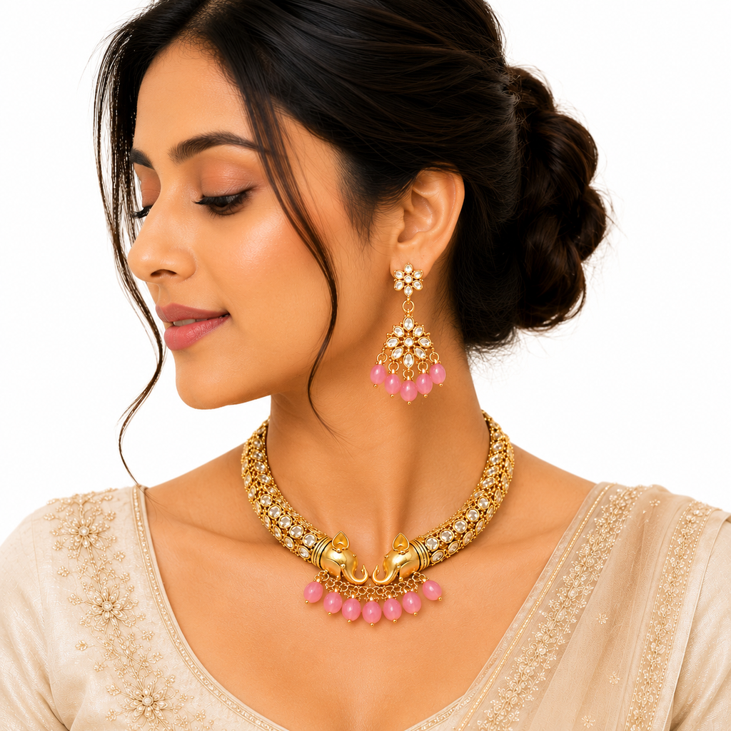 Elegant Elephant Motif Gold-Plated Necklace & Earring Set with Pink Beads | Ethnic Jewelry