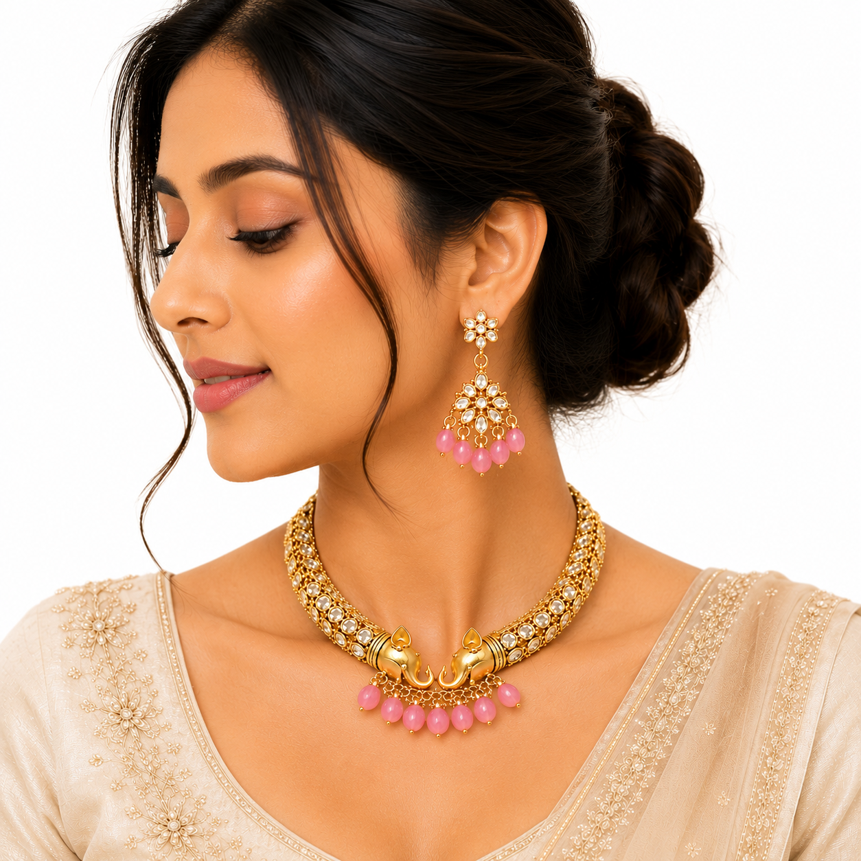 Elegant Elephant Motif Gold-Plated Necklace & Earring Set with Pink Beads | Ethnic Jewelry