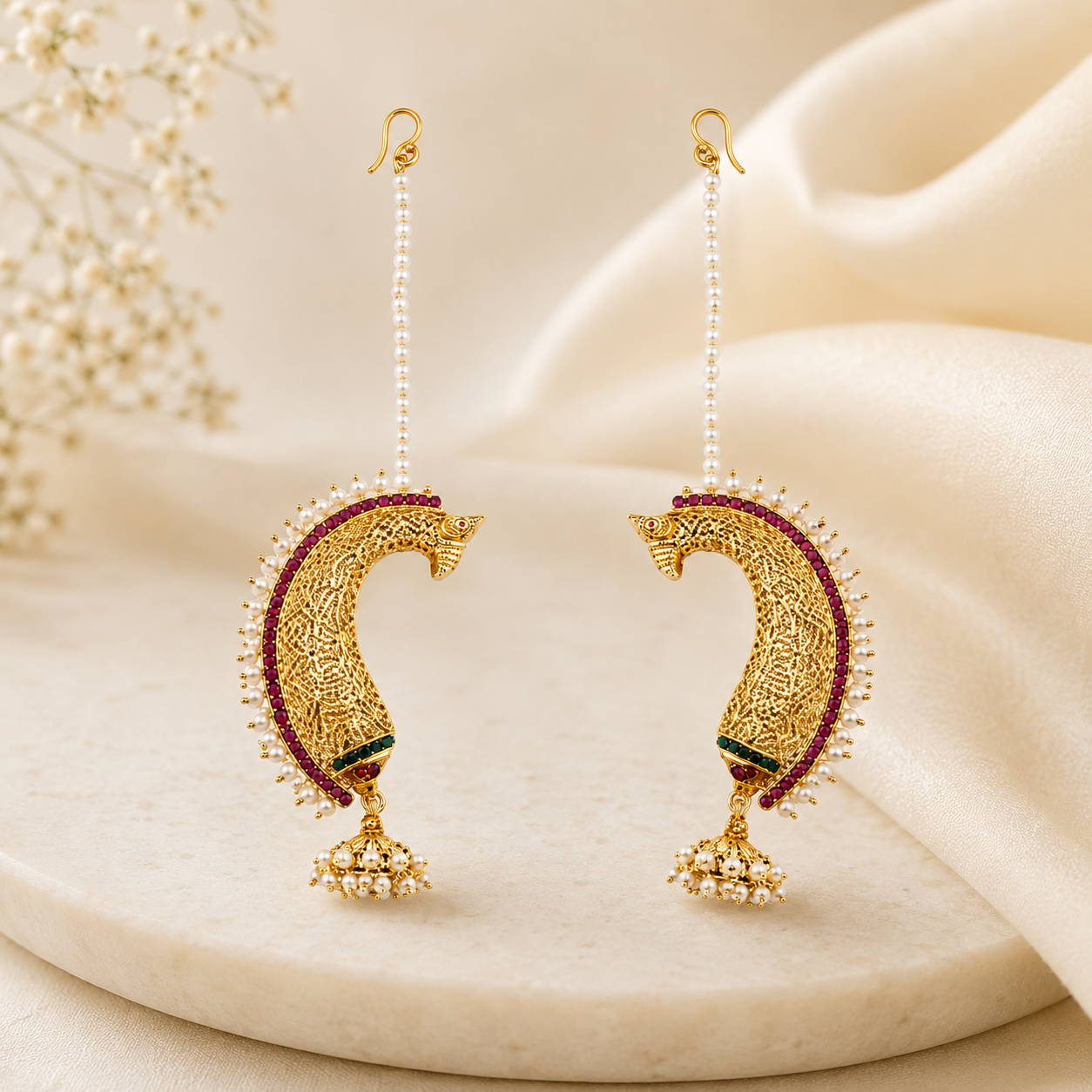 Traditional Gold-Plated Horse Motif Earcuffs with Pearls | Ethnic Statement Jewelry