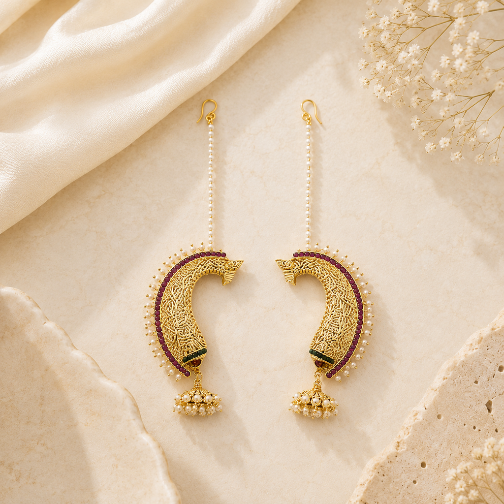 Traditional Gold-Plated Horse Motif Earcuffs with Pearls | Ethnic Statement Jewelry