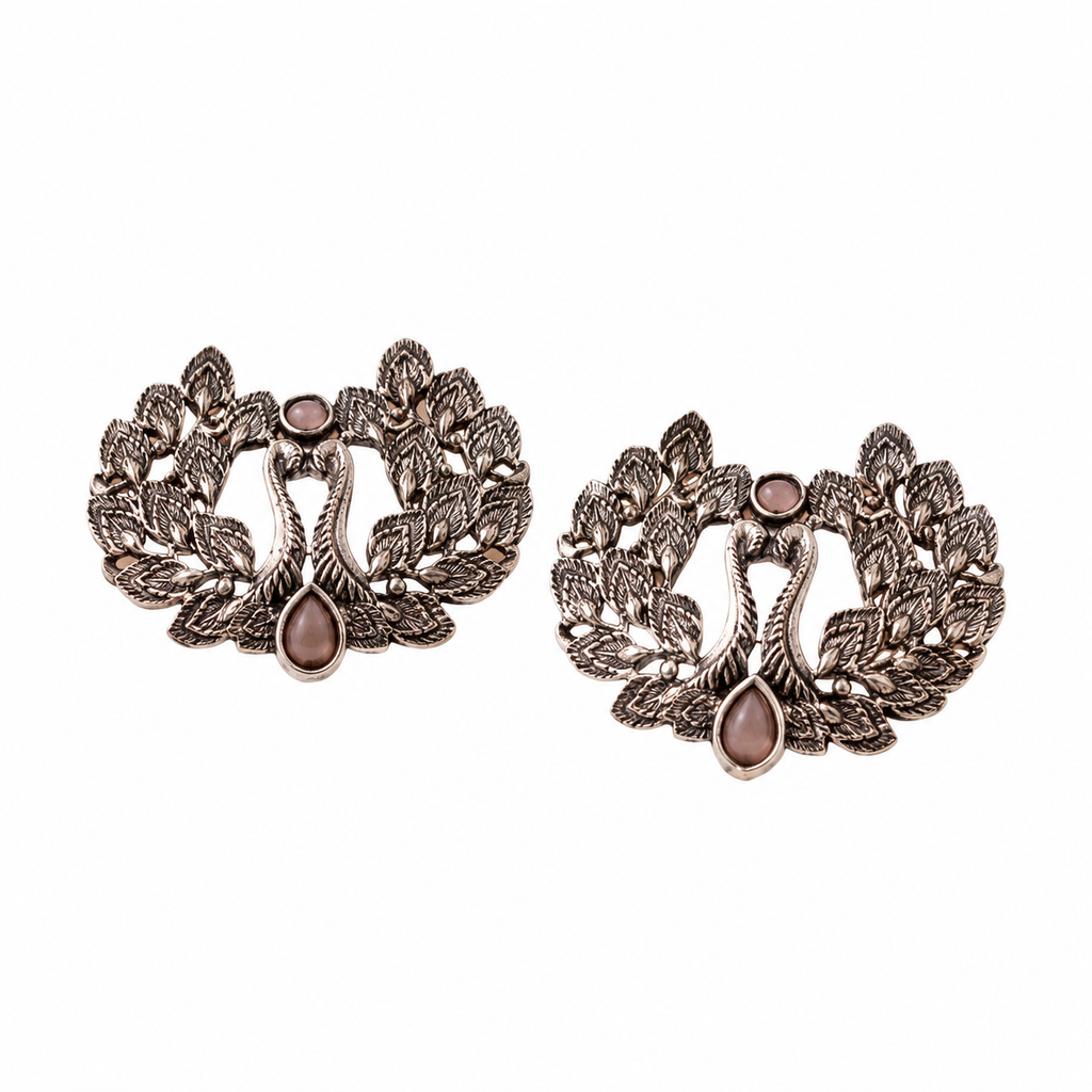 Oxidized Silver Peacock Design Stud Earrings | Ethnic Traditional Jewelry