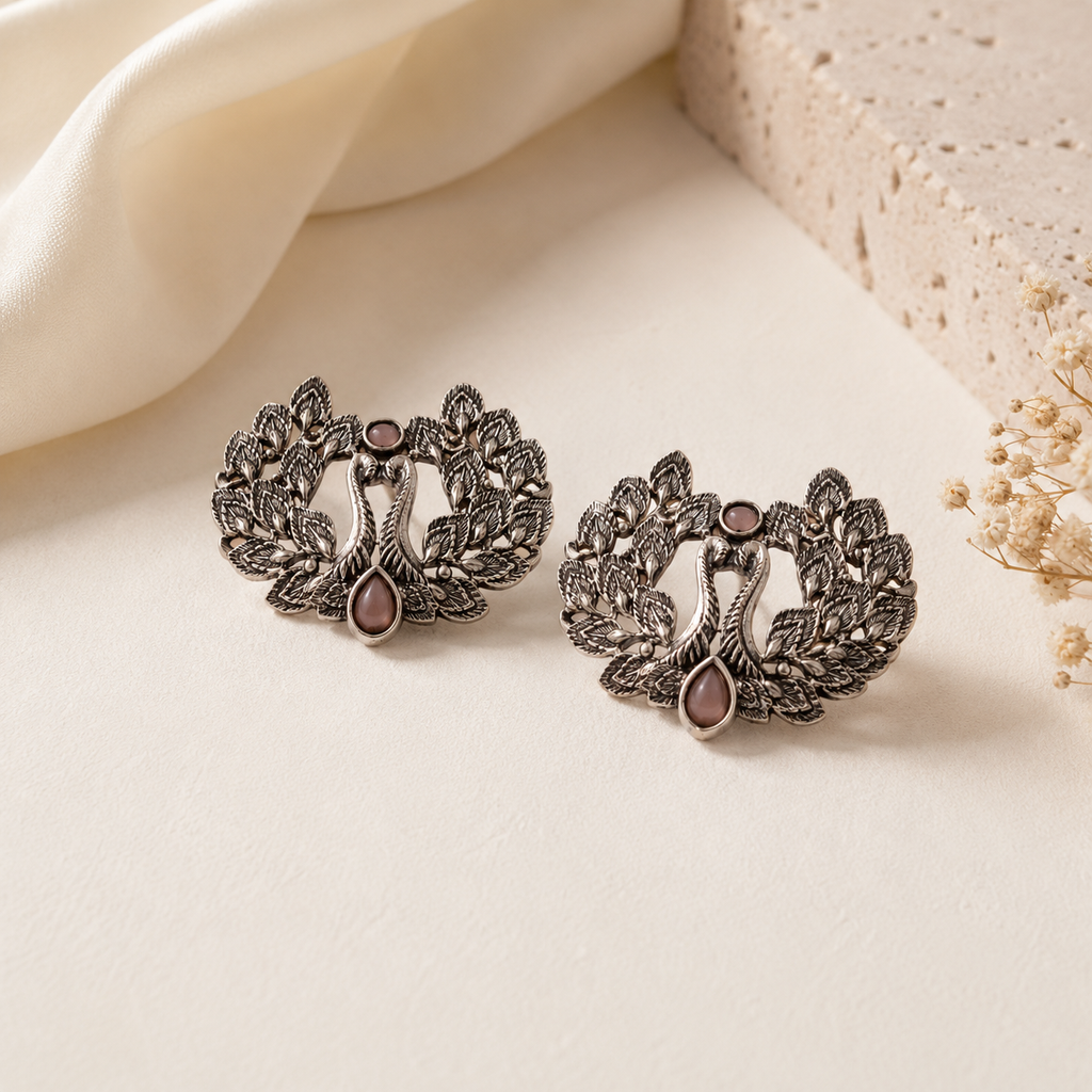 Oxidized Silver Peacock Design Stud Earrings | Ethnic Traditional Jewelry