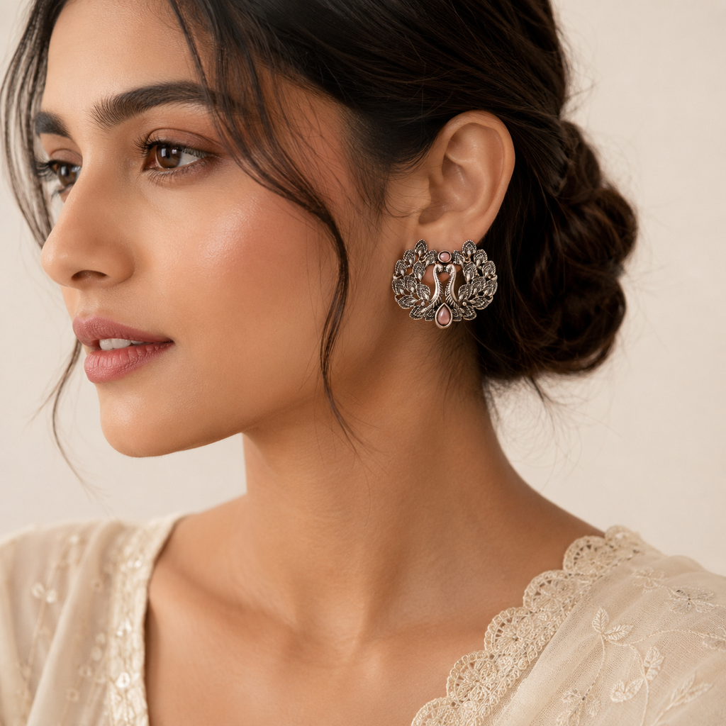 Oxidized Silver Peacock Design Stud Earrings | Ethnic Traditional Jewelry