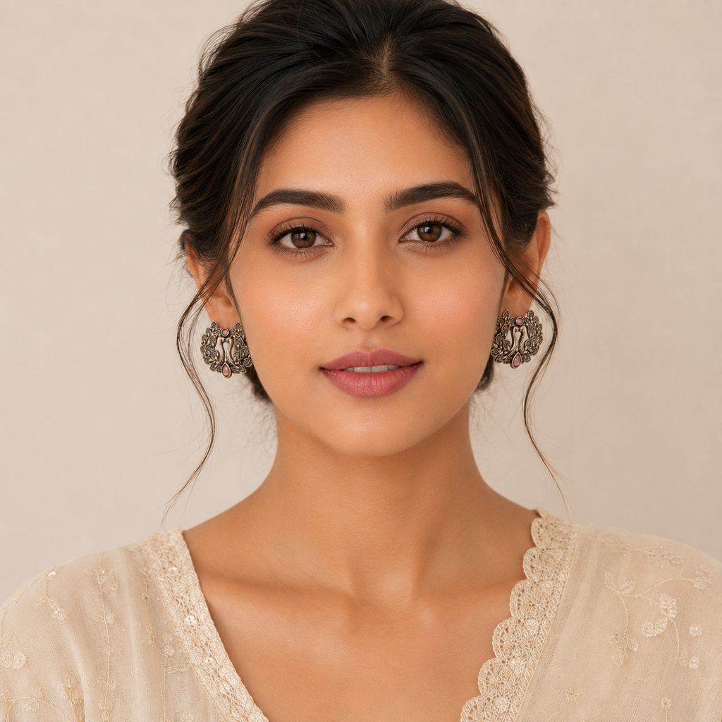 Oxidized Silver Peacock Design Stud Earrings | Ethnic Traditional Jewelry