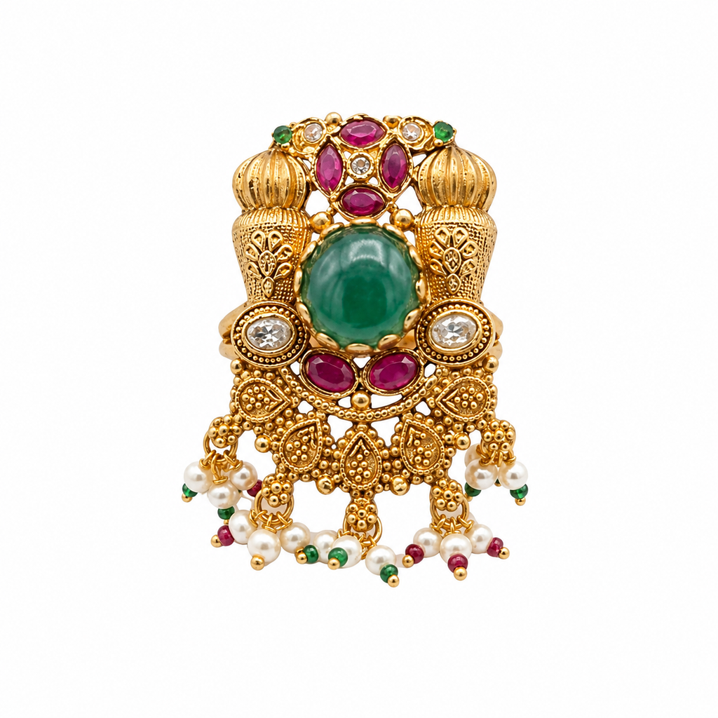 Traditional Gold-Plated Statement Ring with Green Stone & Pearls | Ethnic Jewelry
