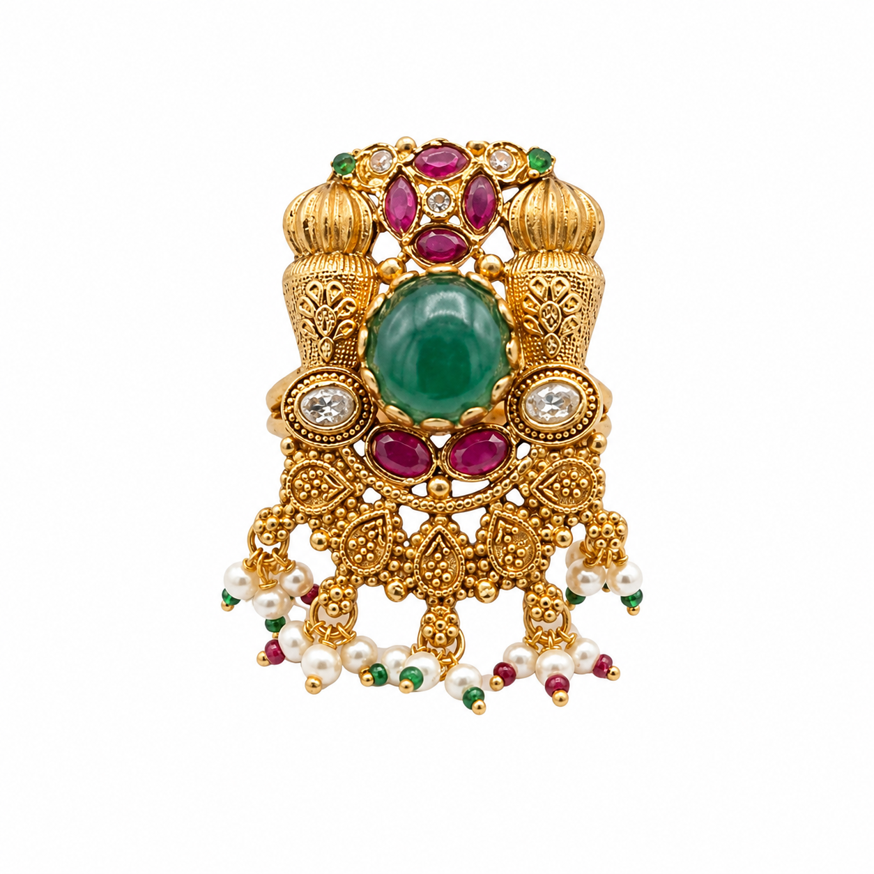 Traditional Gold-Plated Statement Ring with Green Stone & Pearls | Ethnic Jewelry
