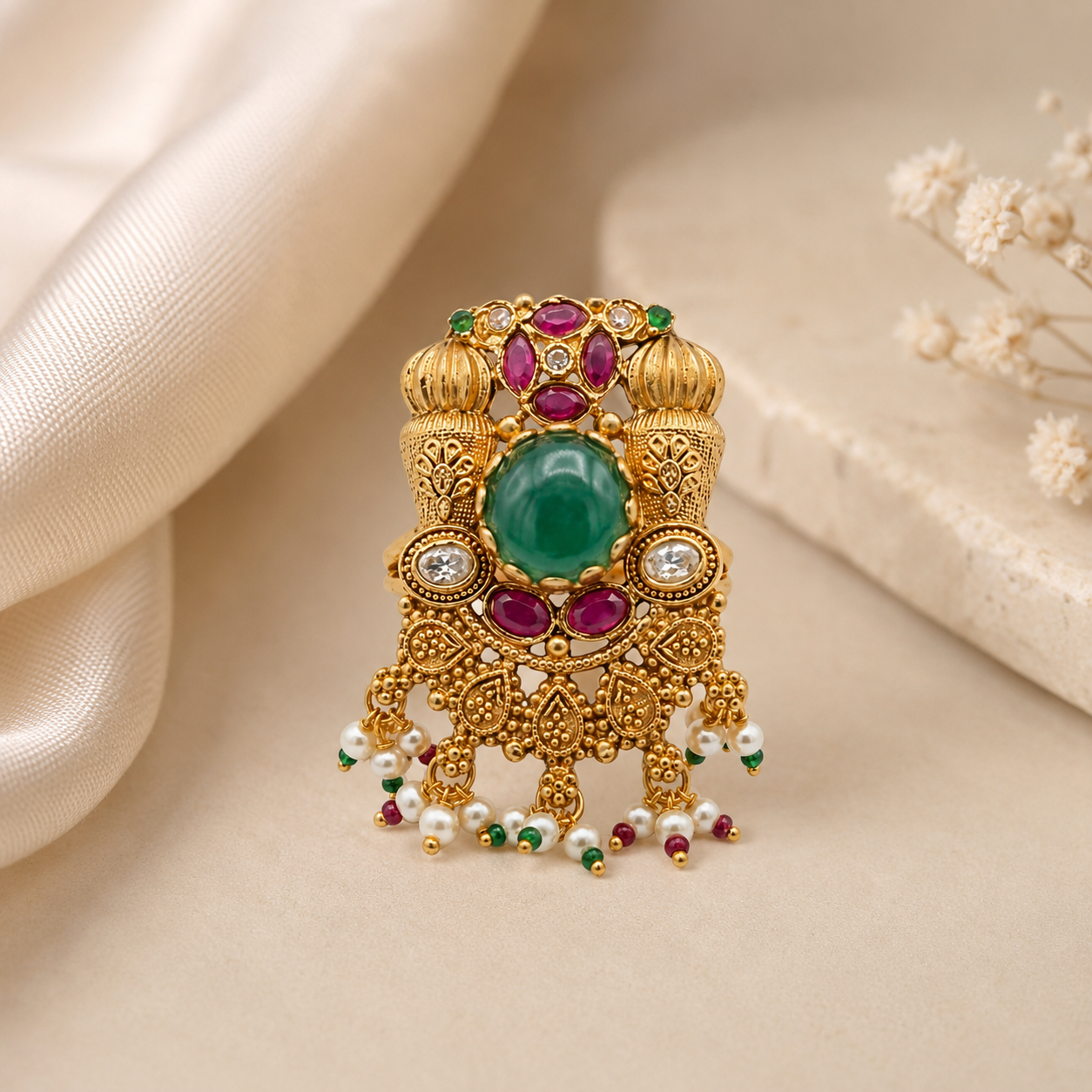 Traditional Gold-Plated Statement Ring with Green Stone & Pearls | Ethnic Jewelry