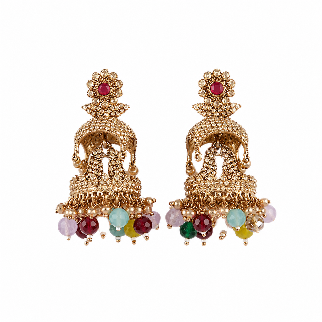 Gold-Plated Multi-Color Stone Jhumka Earrings | Traditional Ethnic Jewelry