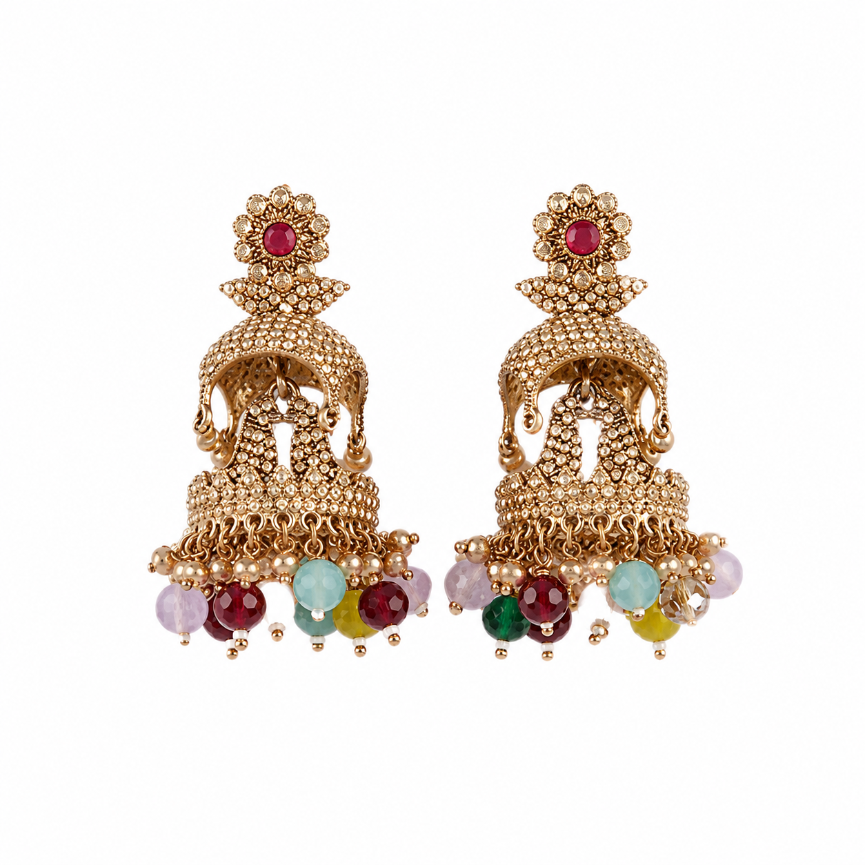 Gold-Plated Multi-Color Stone Jhumka Earrings | Traditional Ethnic Jewelry