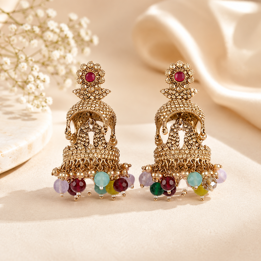 Gold-Plated Multi-Color Stone Jhumka Earrings | Traditional Ethnic Jewelry