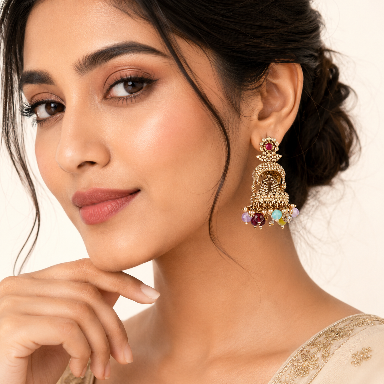 Gold-Plated Multi-Color Stone Jhumka Earrings | Traditional Ethnic Jewelry