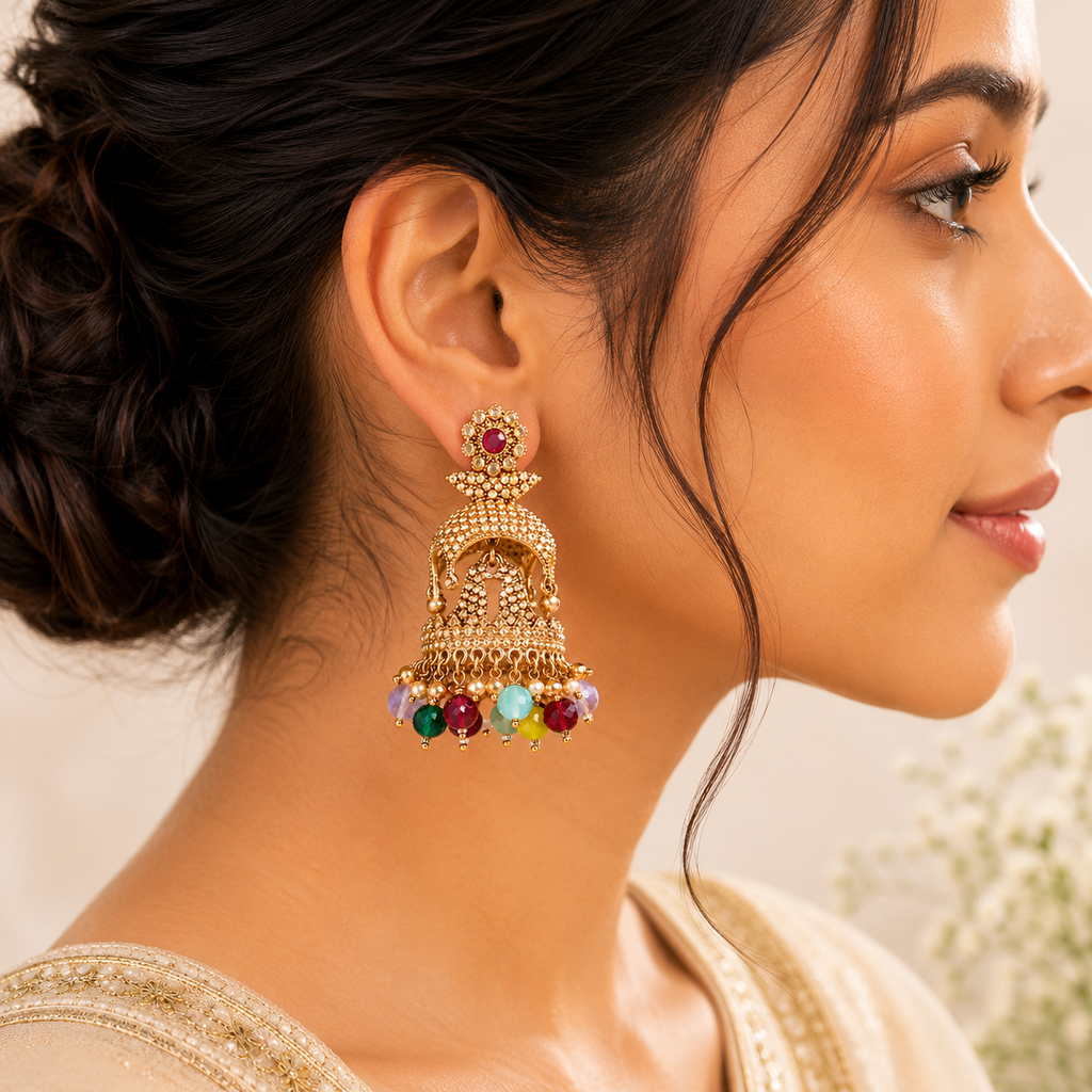 Gold-Plated Multi-Color Stone Jhumka Earrings | Traditional Ethnic Jewelry