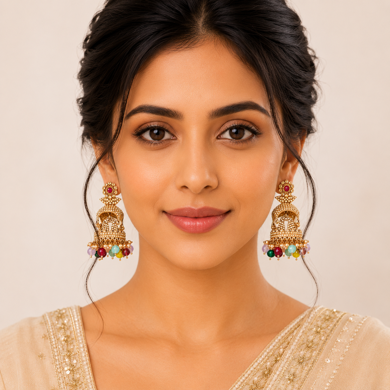 Gold-Plated Multi-Color Stone Jhumka Earrings | Traditional Ethnic Jewelry