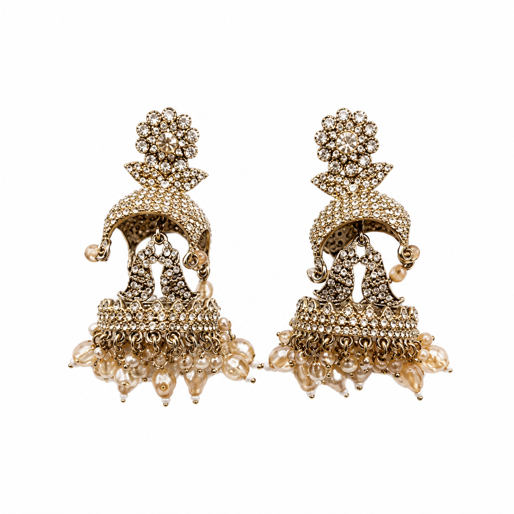 Elegant Stone-Studded Jhumka Earrings with Pearl Drops | Traditional Ethnic Jewelry