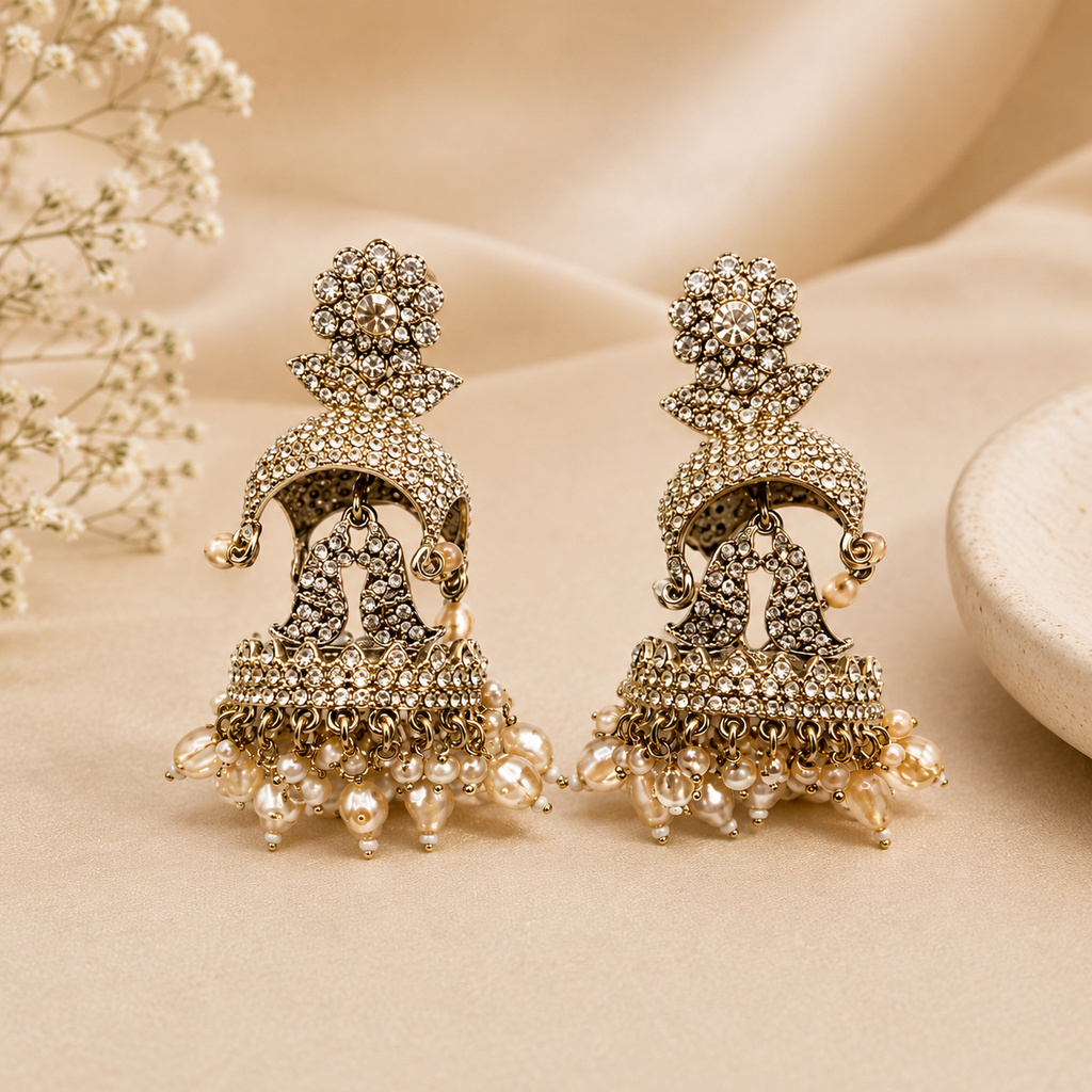 Elegant Stone-Studded Jhumka Earrings with Pearl Drops | Traditional Ethnic Jewelry