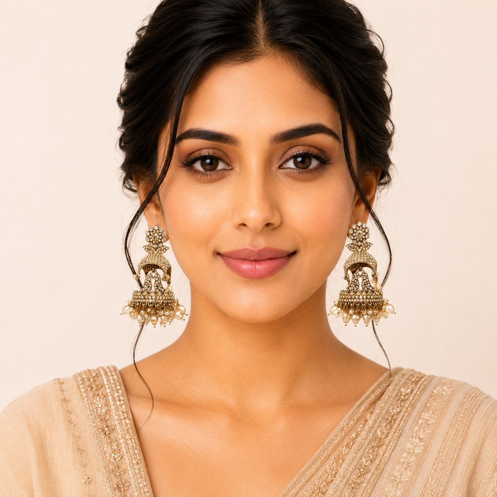 Elegant Stone-Studded Jhumka Earrings with Pearl Drops | Traditional Ethnic Jewelry