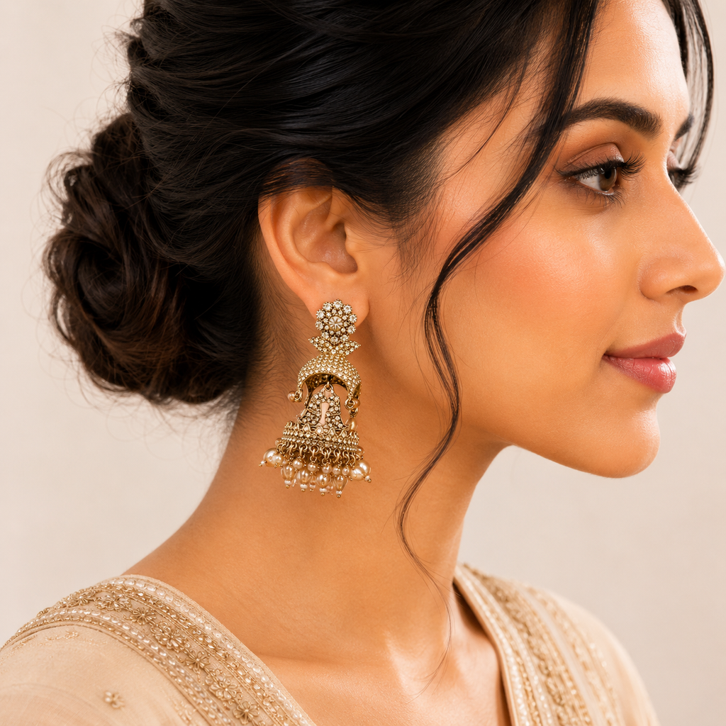 Elegant Stone-Studded Jhumka Earrings with Pearl Drops | Traditional Ethnic Jewelry