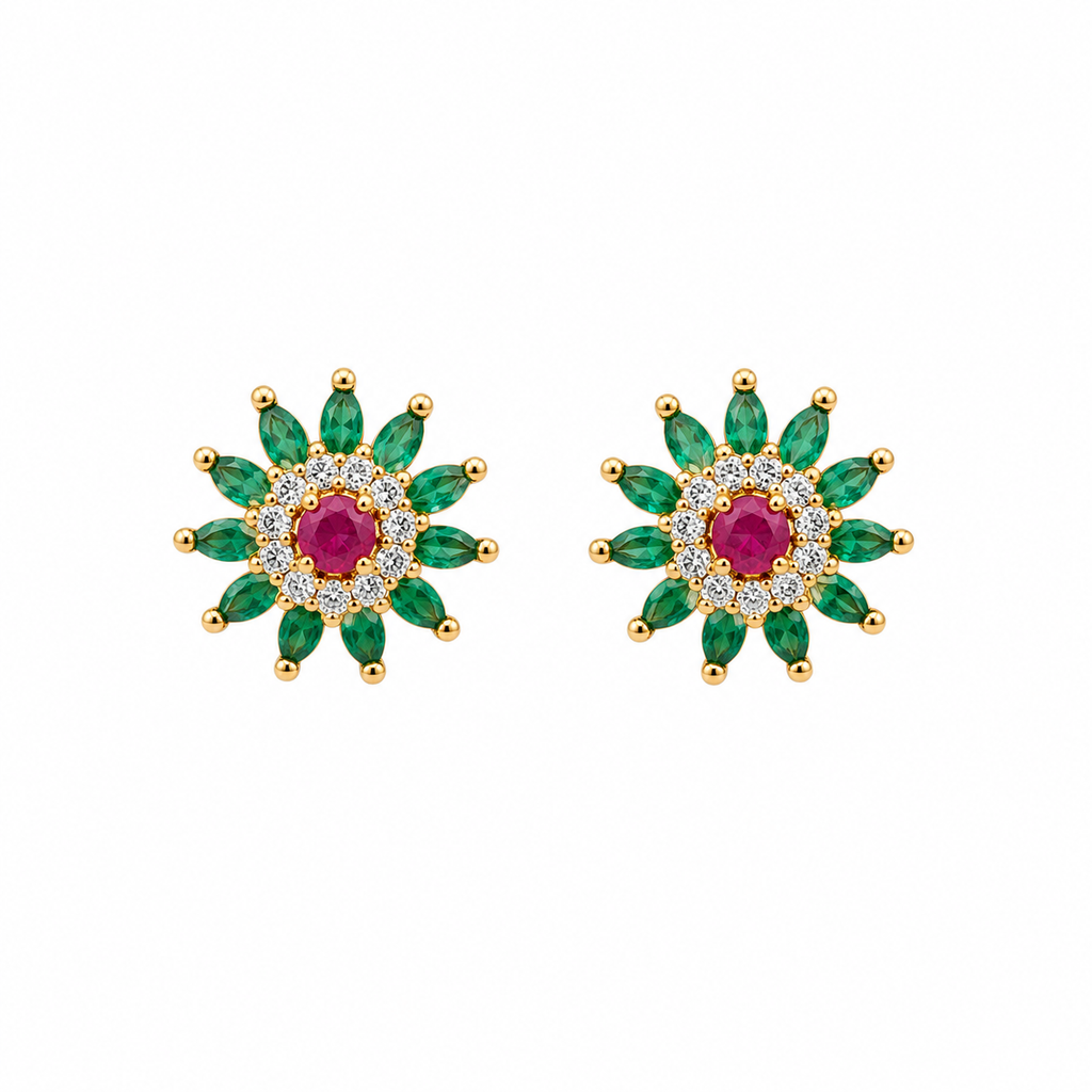 Floral Design Stud Earrings with Ruby and Emerald Stones | Gold-Plated Jewelry