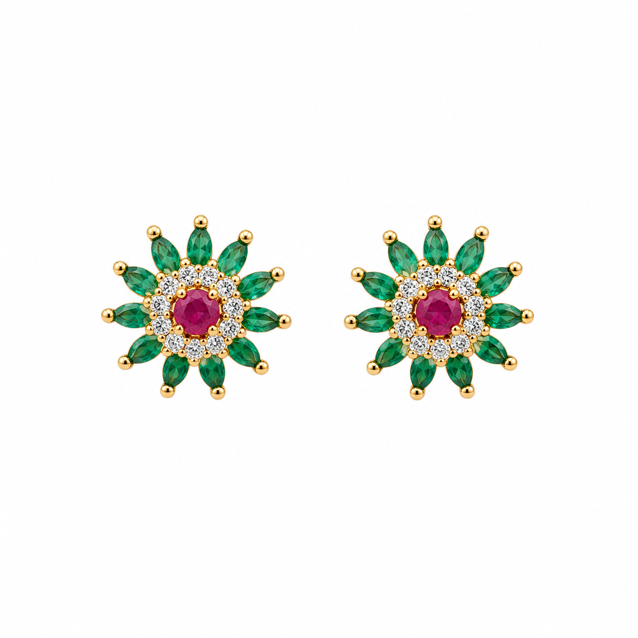 Floral Design Stud Earrings with Ruby and Emerald Stones | Gold-Plated Jewelry