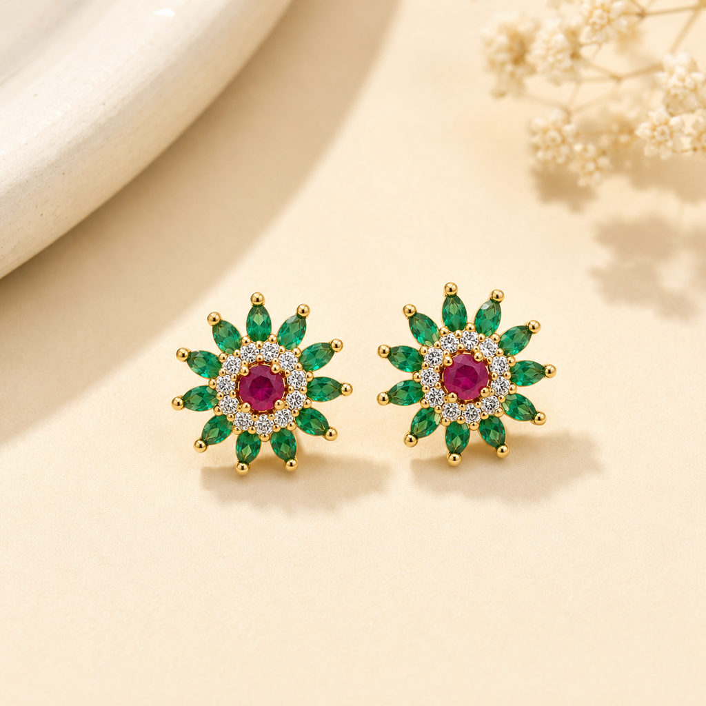 Floral Design Stud Earrings with Ruby and Emerald Stones | Gold-Plated Jewelry