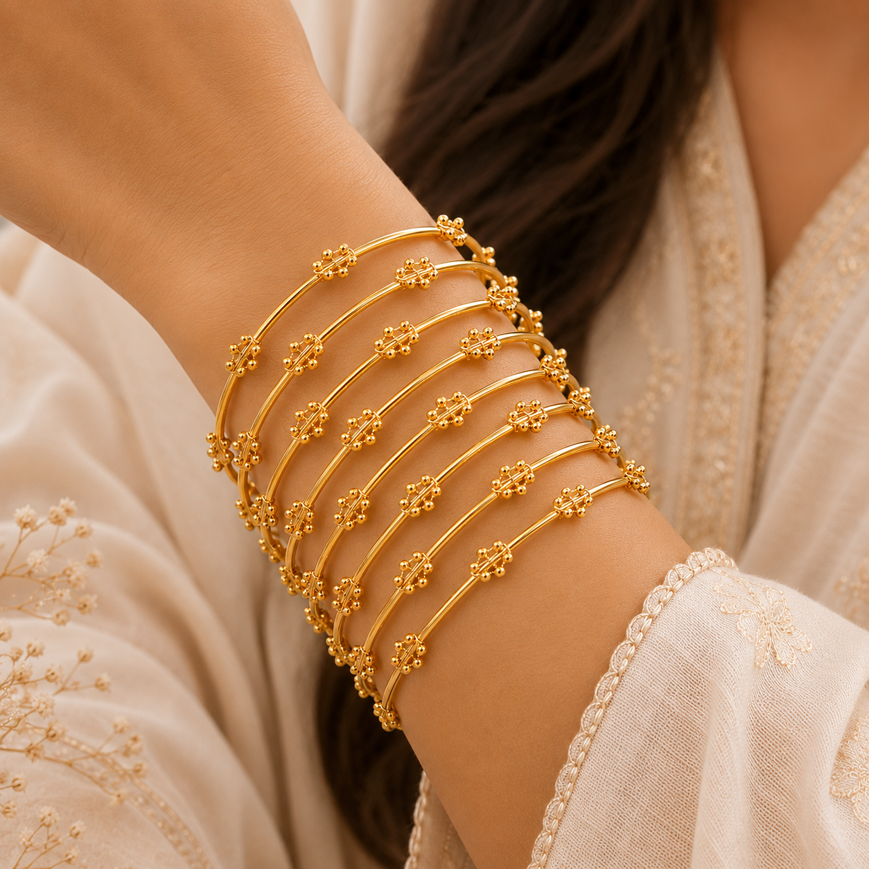 Set of 8 Gold Beaded Bangles | Exquisite Traditional Jewelry