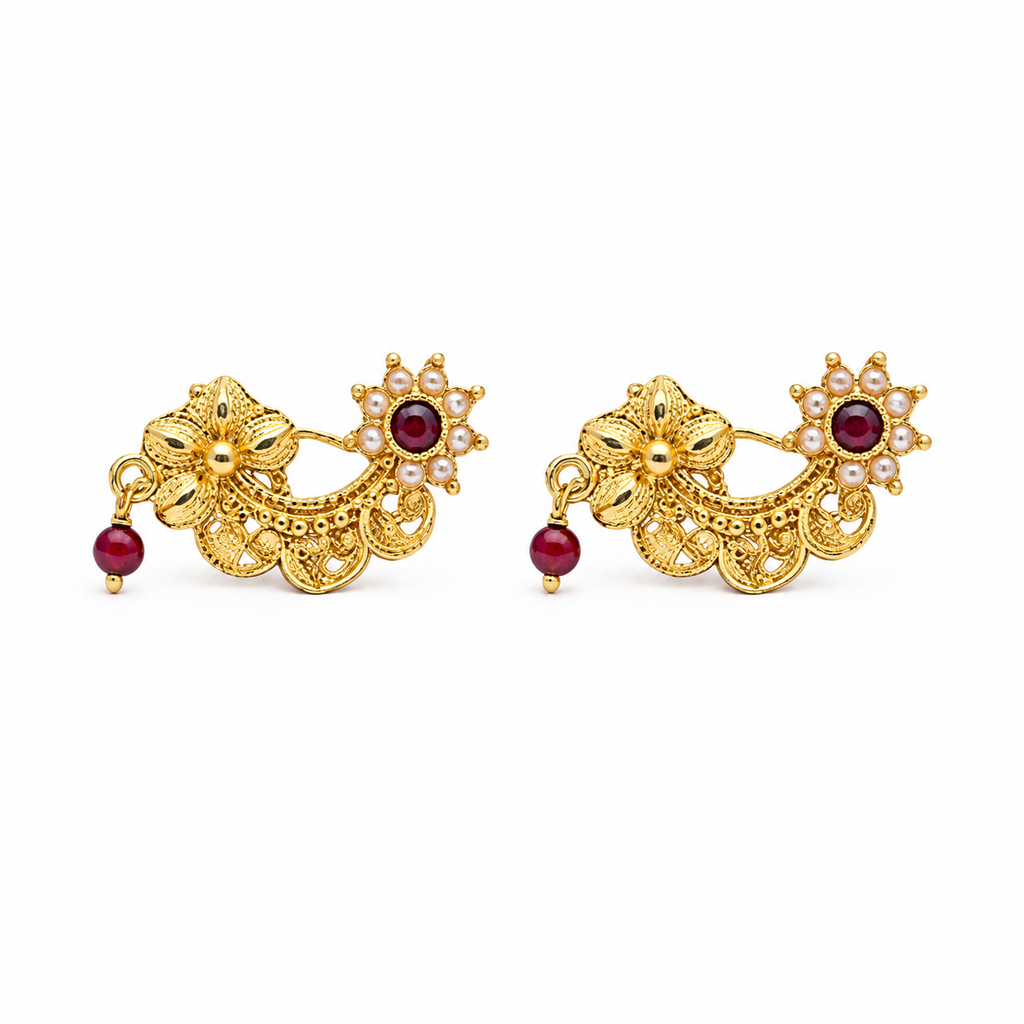 Traditional Gold Bugadi Earrings with Ruby and Pearl Accents