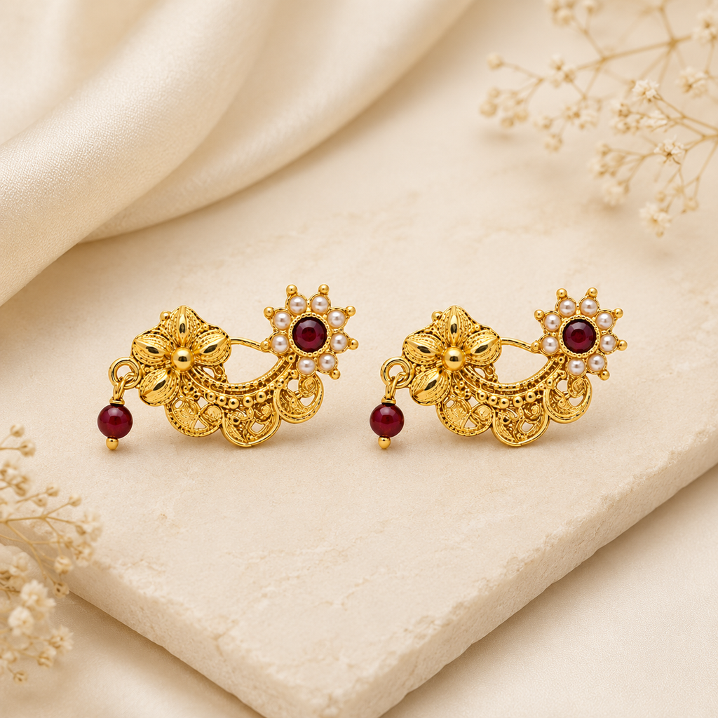 Traditional Gold Bugadi Earrings with Ruby and Pearl Accents