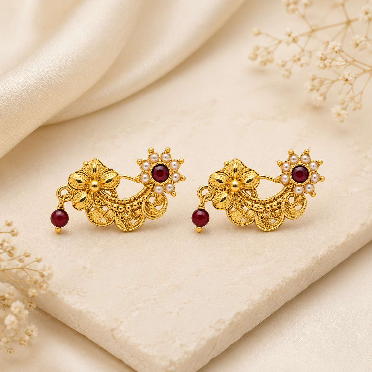Traditional Gold Bugadi Earrings with Ruby and Pearl Accents