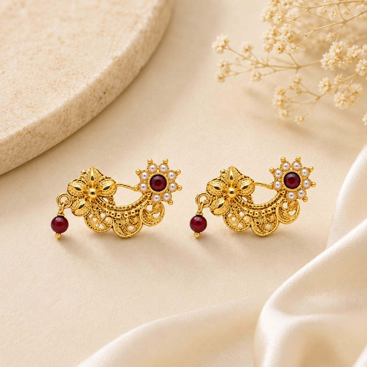 Traditional Gold Bugadi Earrings with Ruby and Pearl Accents