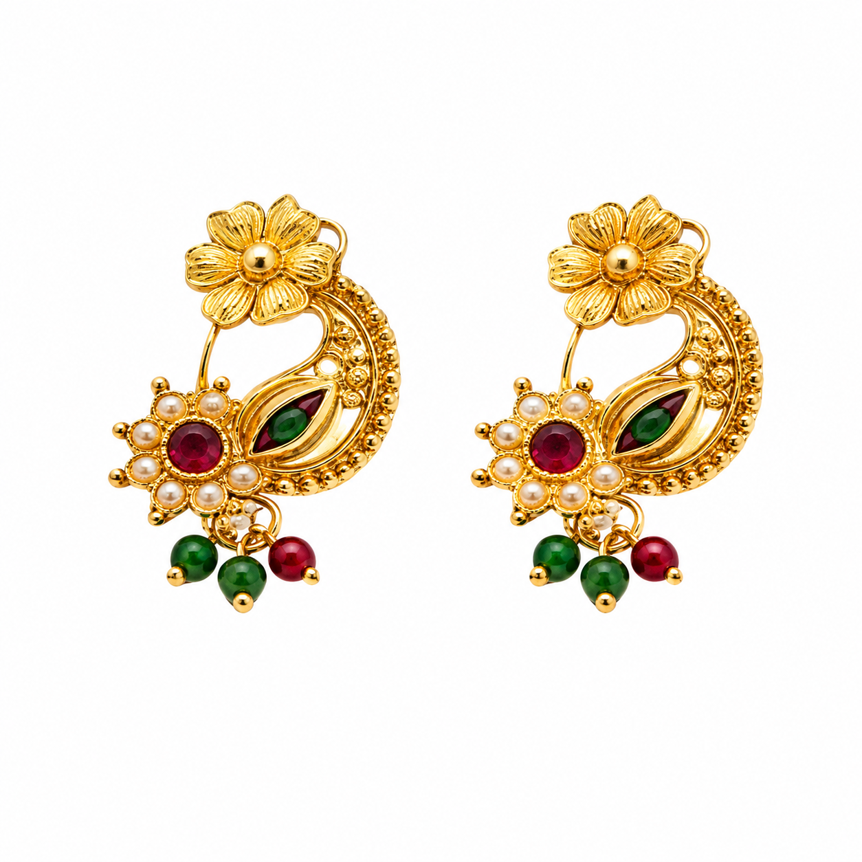 Traditional Gold-Plated Bugadi Earrings with Ruby, Emerald & Pearl