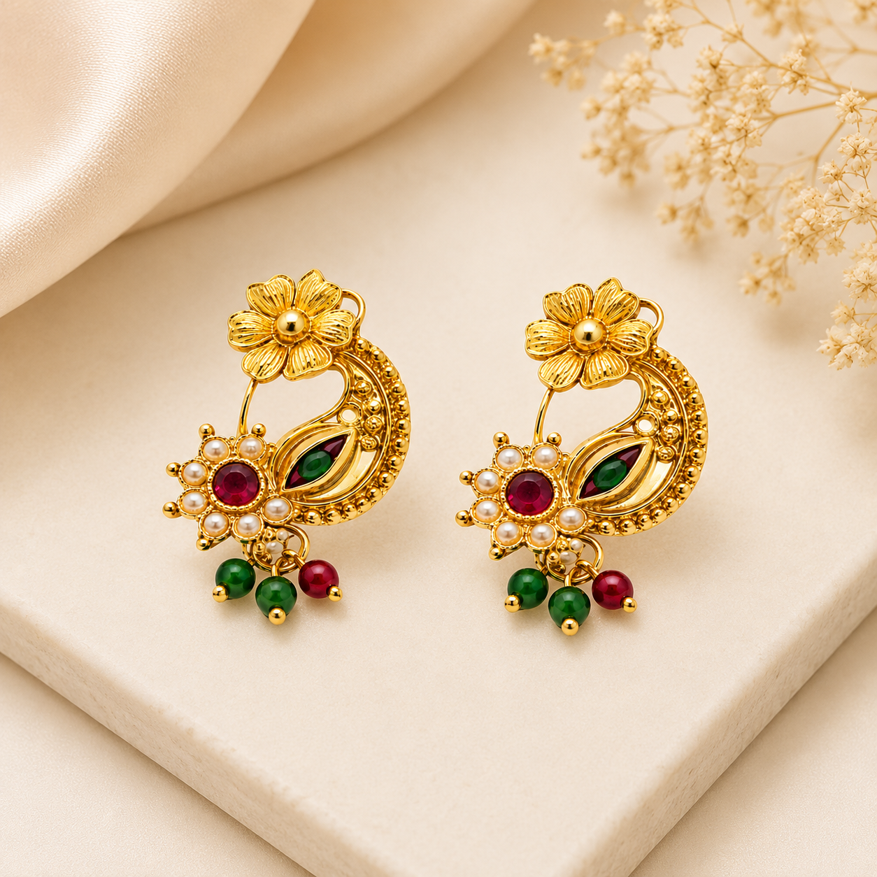 Traditional Gold-Plated Bugadi Earrings with Ruby, Emerald & Pearl